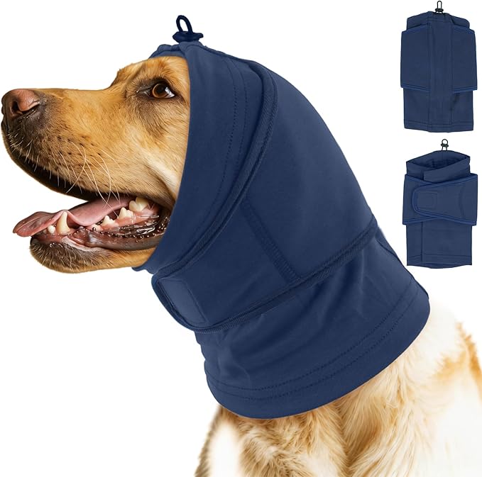 IDOMIK Dog Ear Muffs Noise Protection, Dog Calming Hoodie for Anxiety Relief, Soft Double-Layer No Shake Head Wraps, Quiet Ear Covers for Thunderstorm, Firework, Bath, Grooming & Blow Drying,Blue,XL