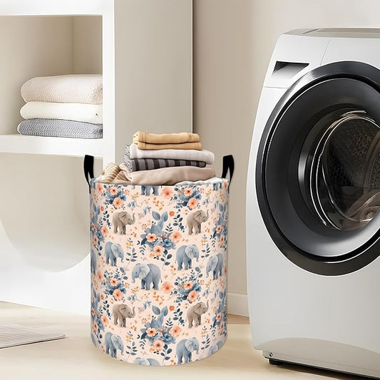 Gentle Elephant with Pastel Floral Laundry Basket with Handles, 19.7"x15.7" Clothes Foldable Laundry Hamper Organizer for Dorm Nursery Bedroom Bathroom Decor, Toy Storage Bin for Kids