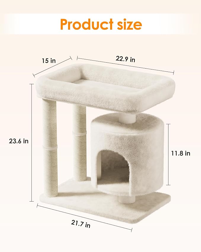 Small Cat Tree, Cat Tree for Large Cats with Perch Bed, Dual Sisal Scratching Posts, Cozy Condos for Indoor Cats Kittens, Beige