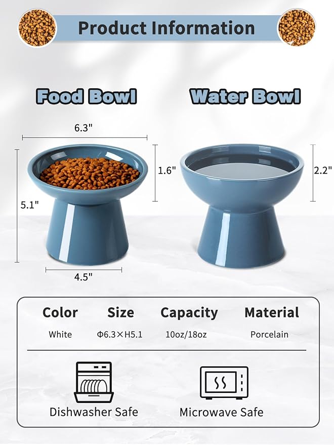 LoeJan Elevated Cat Food and Water Bowls Set, Extra Wide and Raised Ceramic Feeder, Anti-Vomit Whisker-Free Pressure Feeding Bowl for Kittens Adult Small Dogs (Deep Blue)
