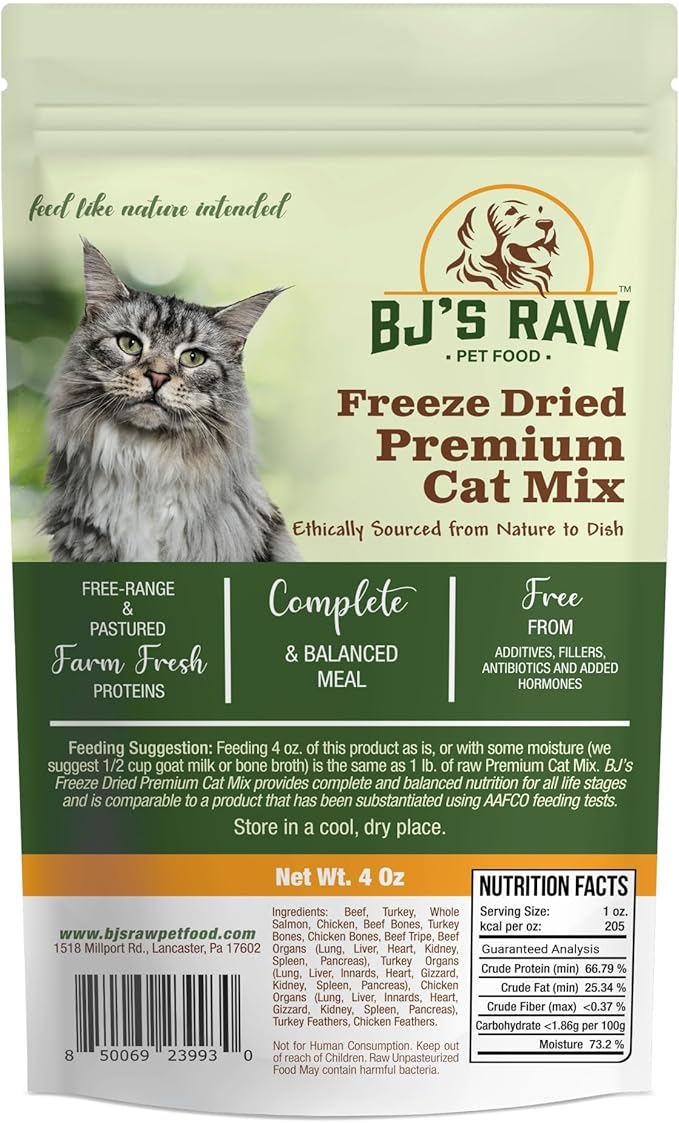 BJ'S RAW PET FOOD Freeze Dried Complete & Balanced Cat Food Mix | Multi-Protein Meal for Optimal Feline Health | Made in USA, 4-Ounce