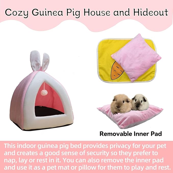 Guinea Pig Bed,Fleece Bunny Hideout House,Warm Rabbit Sleeping Bed with Pee Pad,Winter Large Hiding Hut for Hamster Ferret Rat Chinchilla Hedgehogs,Pink