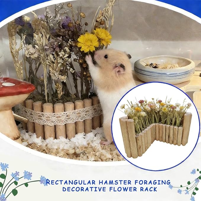 Hamster Natural Wood Flower Foraging Holder, Interactive Feeding Stand Habitat Accessories for Small Pets Hamsters Guinea Pigs Dwarf Gerbils (Yellow, 8x13.5cm)