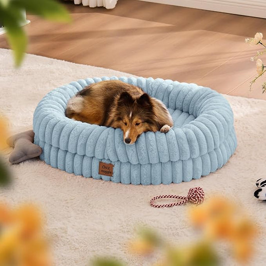 ChiXnuggle Dog Bed Medium Sized Dog - Luxury Striped Faux Fur Waterproof Pet Couch with Removable Washable Cover, Orthopedic Pet Bed with Bolster Sides for Sleeping, Light Blue