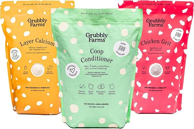 Grubbly Farms Coop Necessities Bundle - Chicken Grit, Layer Calcium & Coop Conditioner - Proper Digestion, Strong Eggshells & Odor Control - Rose Quartz Grit, Aragonite Calcium, Deodorizer