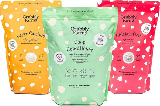 Grubbly Farms Coop Necessities Bundle - Chicken Grit, Layer Calcium & Coop Conditioner - Proper Digestion, Strong Eggshells & Odor Control - Rose Quartz Grit, Aragonite Calcium, Deodorizer