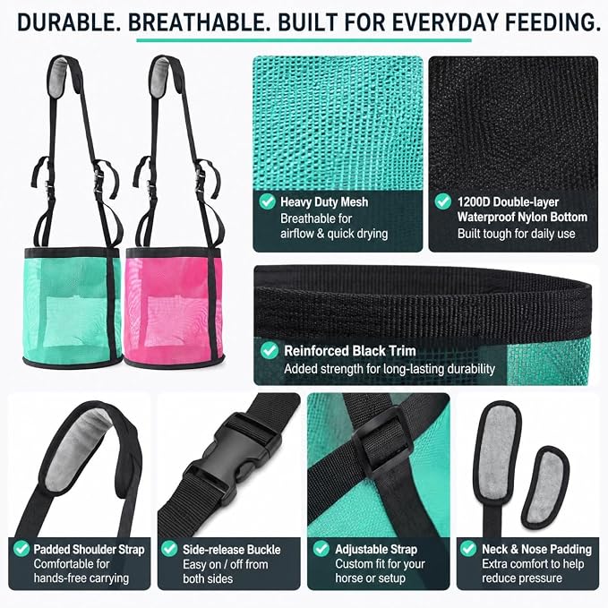 Horse Feed Bag,Heavy Duty Muzzle Feed Bag with Adjustable Strap,Comfort Neck Pad,Nose Pad and Double Waterproof Bottom Mesh Feed Bags for Horse Pack of 2