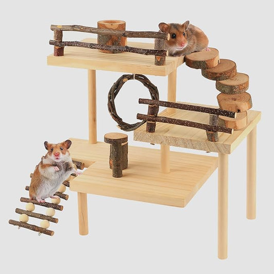 Hamster Climbing Toys 3-Tier Extra Large Hamster Playground Natural Wooden Small Animal Platform Toys Hamster Exercise Activity Climbing Platform with Bridge for Gift