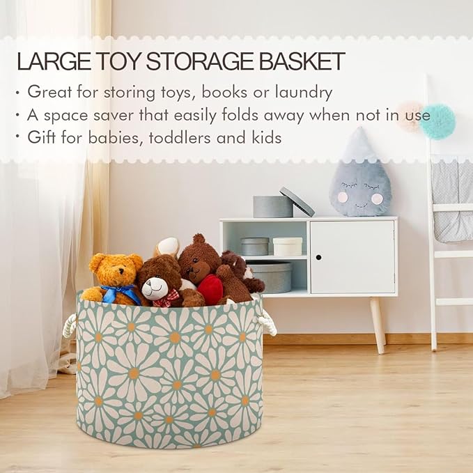 Daisy Flower Print Round Storage Basket Retro Groovy Floral Large Laundry Hamper Boho 20 x 20 x 14 Inches Organizer Bin with Handles Clothes Storage Bag for Nursery Bedroom Living Room Decor