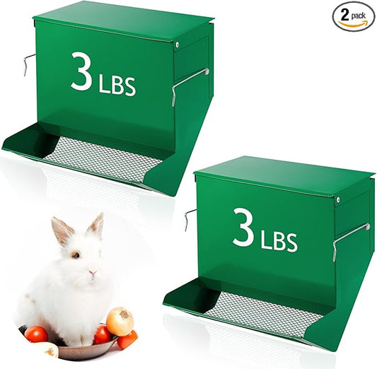 Maxcheck 2 Pcs Rabbit Feeder for Cages Small Animal Food Pellet Dispenser with Lid Metal Chicken Grit Oyster Shell Squirrel Feeders Outside(7.7 Inches,Mesh Bottom,Green)