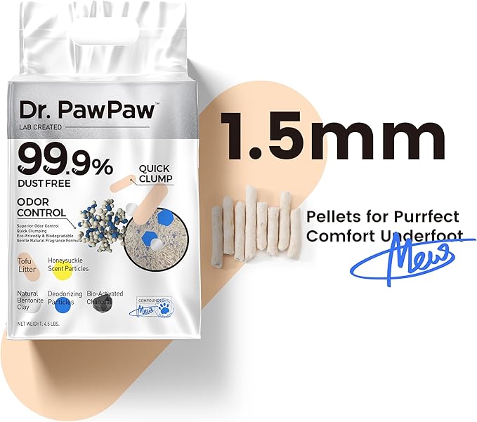 Tofu Cat Litter, Dr. PawPaw Clumping Cat Litter, Honeysuckle Scent 4.5 lb, Dust-Free Keep Kitty Tidy, Superior Odor Control Keep Step Fresh