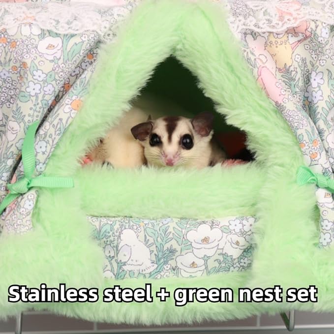 Rat Hammock for Cage Chew Proof Rat Toys Warm Bed, Small Animal Hanging Stainless Steel Basket Ferret Cage Accessories and Habitats Removable Nest Mat for Hamster, Sugar Glider, Hedgehog (Green)