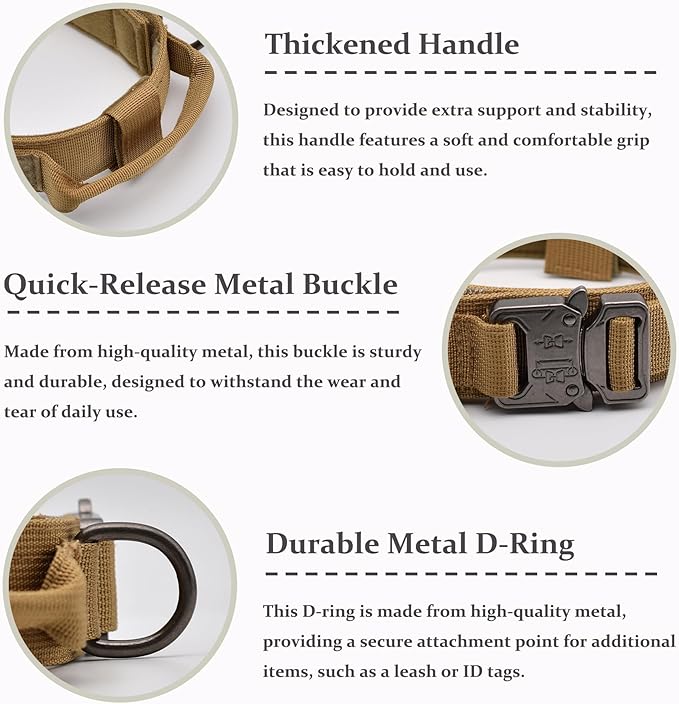 Tactical Dog Collar Set, Adjustable Military Training Nylon Dog Collar with Control Handle and Heavy Quick-Release Metal Buckle for Small Medium Large Dogs, Brown Set L