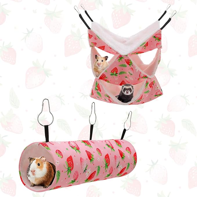 2 Pcs Guinea Pig Ferret Hammock Set, 3 Tier Small Pet Hanging Hammock with Tunnel Bed Hideout Small Animal Cage Accessories for Hamster Sugar Glider Guinea Pig Ferret Squirrel Chinchilla