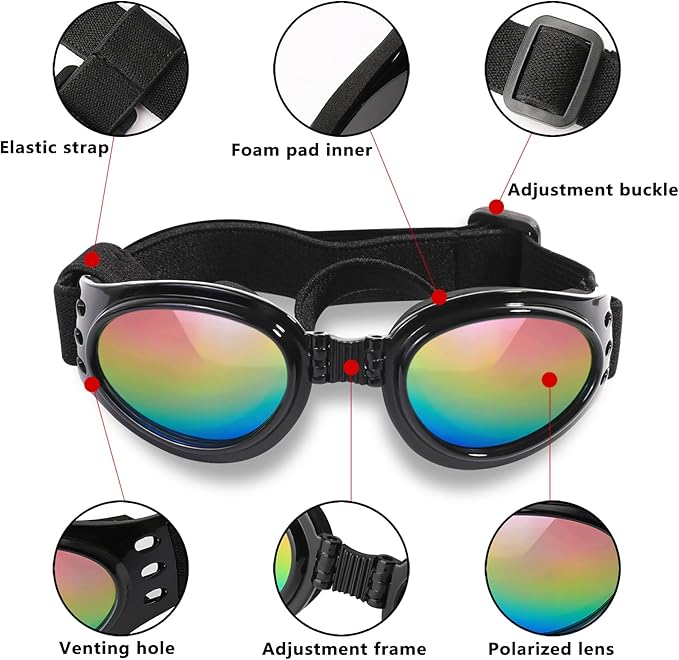 QUMY Dog Sunglasses Dog Goggles for Medium Large Breed Dogs, Wind Dust Fog Protection Eye Wear Pet Glasses with Adjustable Strap for Motorcycle Car Driving Bike Riding Hiking Swimming Over 15lbs White