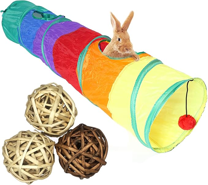 Tfwadmx Bunny Hideout, Rabbit Tunnels and Tubes, 3 Pack of Grass Balls 9.8'' Collapsible Rabbit Hideout Tunnel with Chew Toys for Chinchillas Ferrets Guinea Pigs Gerbils Hamsters Rats