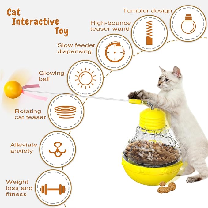 Cat Interactive Toy, Slow Food Dispenser Feeder, Tumbler Design with Teaser Wand & Glowing Ball, Funny Kitten Treats for Indoor Cats Exercise and Boredom Relief (Yellow)