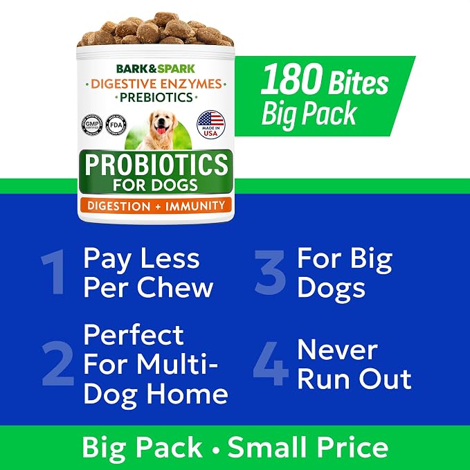 Bark&Spark Probiotics for Dogs - Digestive Enzymes (Gut Health) Allergy & Itchy Skin - Pet Diarrhea Gas Treatment Upset Stomach Relief Pill, Digestion Health Tummy Treat (180Ct Bacon)