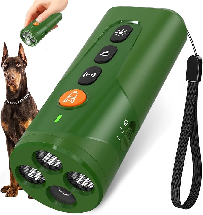 Dog Bark Deterrent Device, 3X Ultrasonic Anti Barking Device 6 Modes Dog Trainer Rechargeable & Portable Safe Bark Control Indoor Outdoor for All Dogs with LED Flashlight - Green