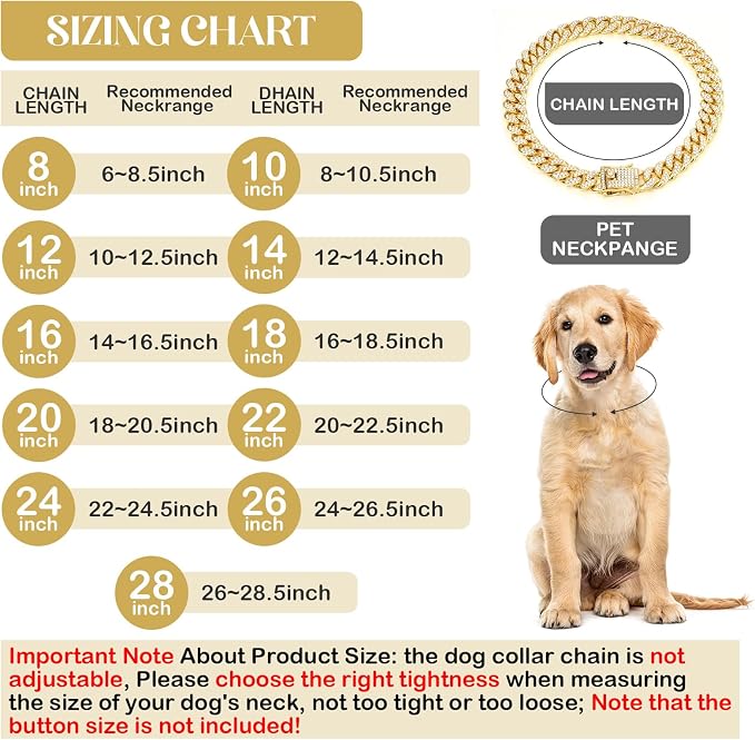 Tallew Gold Dog Chain Diamond Collar Walking Metal Chain Necklace with Secure Buckle Pet Cuban Style Collar Jewelry Accessories for Small Medium Large Dog Cats (24 inch)