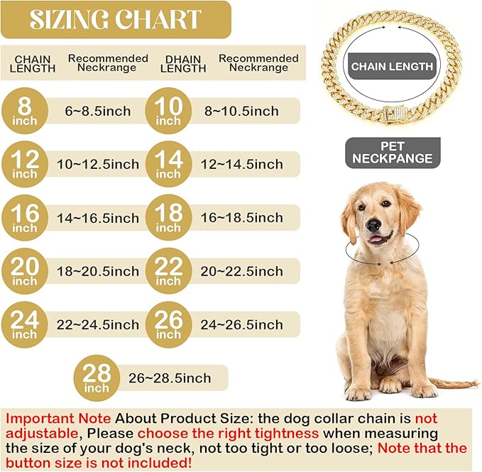 Tallew Gold Dog Chain Diamond Collar Walking Metal Chain Necklace with Secure Buckle Pet Cuban Style Collar Jewelry Accessories for Small Medium Large Dog Cats (28 inch)