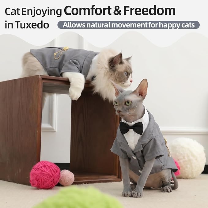 QBLEEV Cat Tuxedo Outfit with Bow Tie, Sphynx Cat Costume Formal Suit Wear | Soft breathable, stylish hairless clothes for cats only, kitten wedding birthday party shirt apparel for male boy