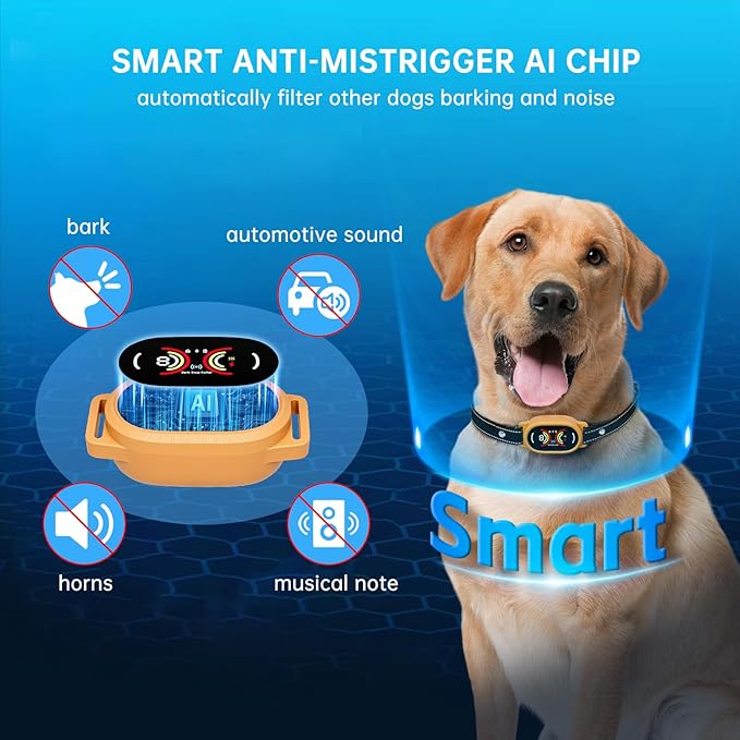 Dog Bark Collar for Large, Medium and Small Dogs with Smart Anti False Triggering AI Chip, IP67 Waterproof Rechargeable Anti Barking Collar with Adjustable Sensitivity and Multiple Modes (Orange)