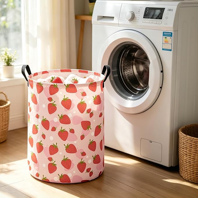 Collapsible Fabric Storage Basket, Waterproof Laundry Hamper with Handles, Round Storage Bin for Clothes Toys, Foldable Organizer for Bedroom Nursery Bathroom(Round-Pink Strawberry)