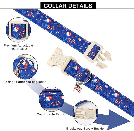 Lionet Paws 4th of July Dog Collar- Cute Summer Blue Dog Collars with Plastic Buckle and Flag Pendant, Light Adjustable Dog Collars for Small Dogs