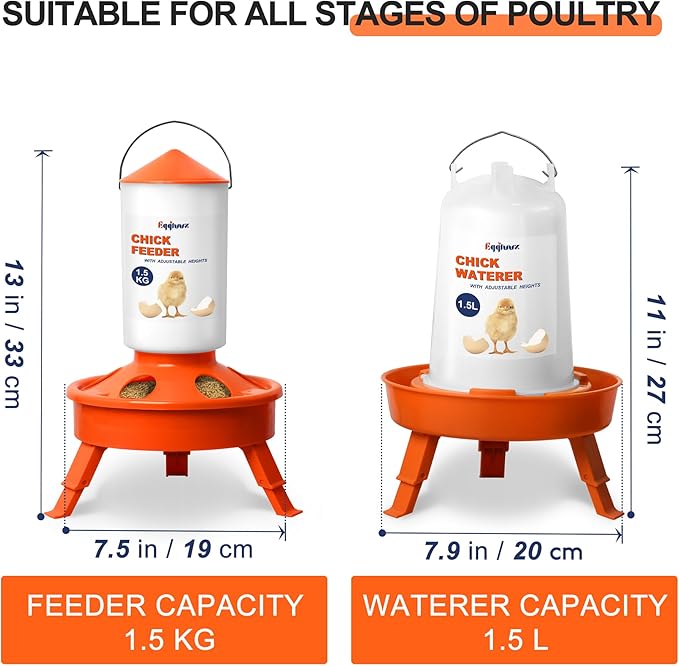 Eggluuz Chick Feeder and Waterer Kit, Top Fill 1.5kg Chick Feeder and 1.5L Chick Waterer with 3 Adjustable Heights