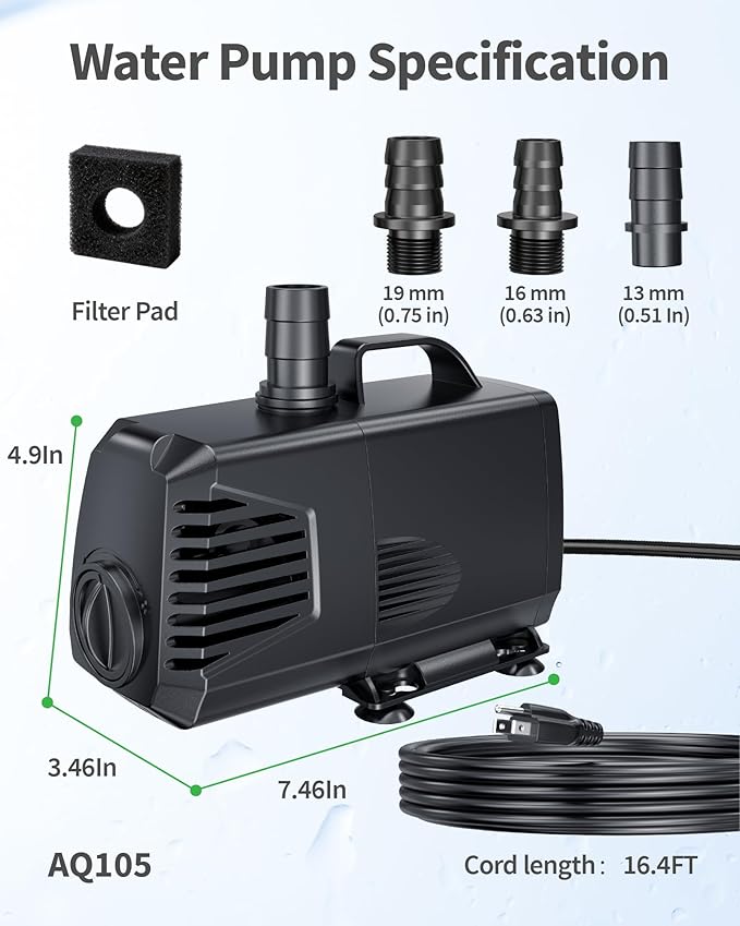 POPOSOAP 880GPH Submersible Pump(3200L/H, 85W), Ultra Quiet Fountain Pump with Over Heating Protection & Filter Sponge 10.5ft High Lift for Pond, Fish Tank, Aquarium, Hydroponics, Waterfall Q105