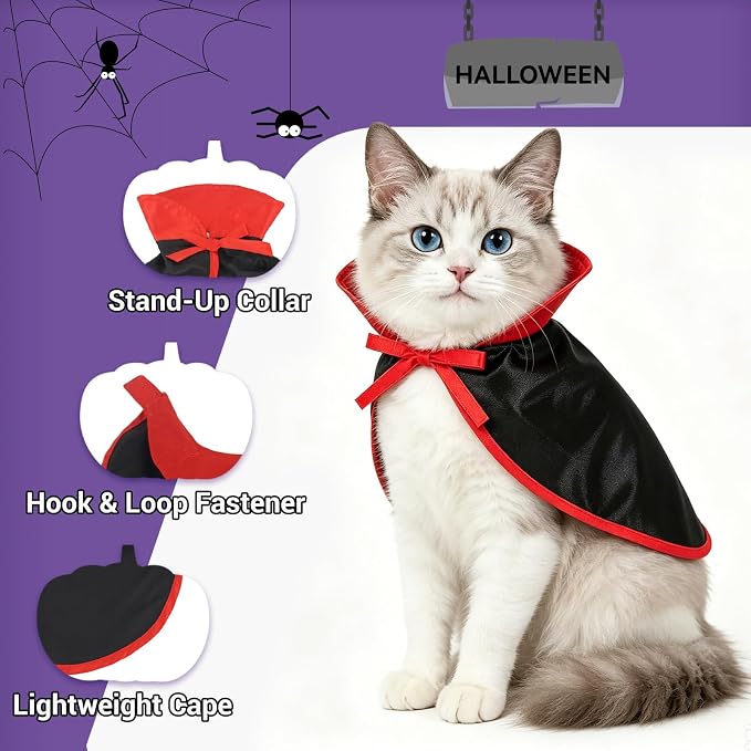NAMSAN Cat Vampire Costume, Halloween Pet Dracula Cape for Cats Small Dogs Rabbits, Stand-Up Vampire Cloak Small Breed, Small Pets Halloween Cosplay Outfit Party Dress Up