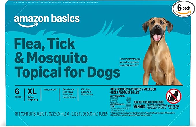 Amazon Basics Preventative Flea, Tick & Mosquito Topical Treatment for X-Large Dogs (Over 55 pounds), Kills Fleas, Long-Lasting, 6 Count, Packaging May Vary
