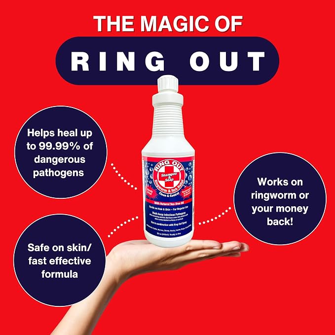 Ring Out Shampoo and Soap 32 oz - Low SUDSING Pet, Dog, Show Livestock Shampoo w/Tea Tree Essential Oil Strengthens & Promotes Health of Hair While Reducing Hair Loss & Scarring Caused by Ringworm