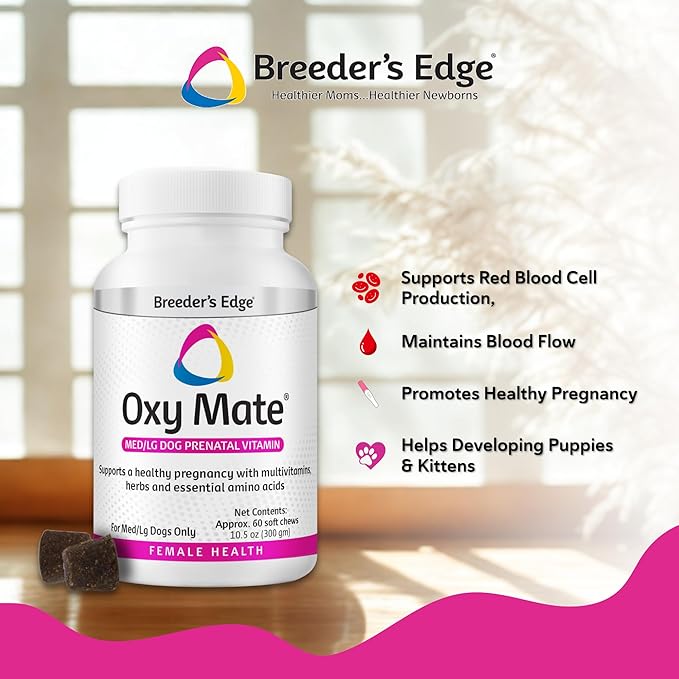 Breeder's Edge Oxy Mate Dog Prenatal Vitamins, Comprehensive Supplement for Pregnant Dogs and Cats Enriched with Essential Nutrients for Healthy Moms & Litters, Soft Chews - 60ct Medium & Large Dog
