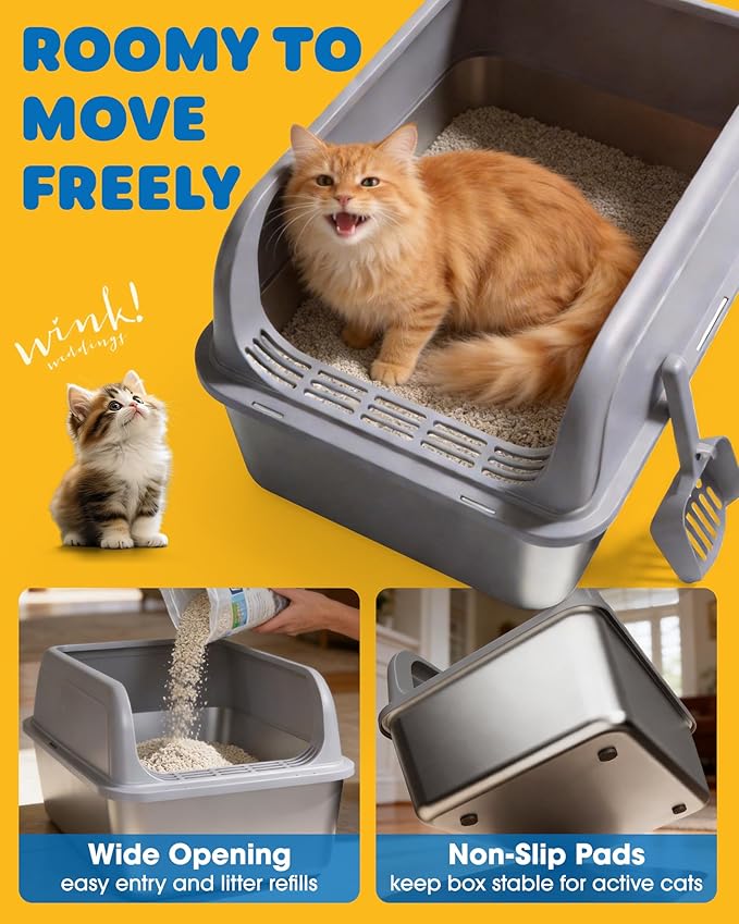 Powools Stainless Steel Cat Litter Box, Metal Litter Box with Scoop, High- Sided, Anti-Leakage Top Entry, Non-Sticky, Easy to Clean, Grey, M (2 Pack)