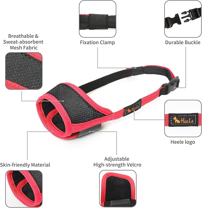 HEELE Dog Muzzle,Soft Nylon Muzzle Anti Biting Barking Chewing,Air Mesh Breathable Drinkable Adjustable Loop Pets Muzzle for Small Medium Large Dogs 4 Colors 4 Sizes (Red, XL)