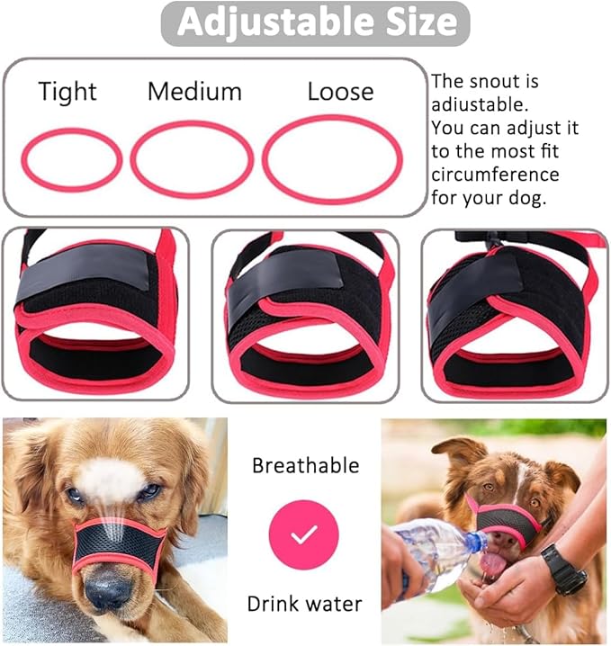 LUCKYPAW Dog Muzzle Anti Biting and Chewing with Comfortable Mesh Soft Fabric and Adjustable Strap, Suitable for Small, Medium and Large Dogs(Red Trim,XS)