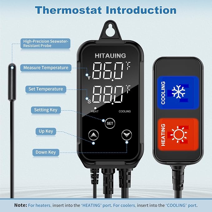 HiTauing Digital Temperature Controller, Aquarium Heater Reptile Thermostat Heating and Cooling Dual Outlet with Seawater-Resistant Probe for Fish Tanks, Reptile Tanks, Greenhouse & Seedling Mat