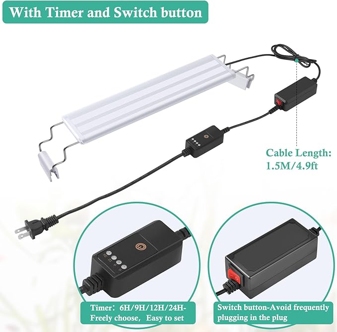 HITOP Full Spectrum LED Aquarium Light – 12” 16” 24” 32” Classic Fish Tank Light with RGB LEDs, with Timer and Stable Extendable Brackets (12-20in)