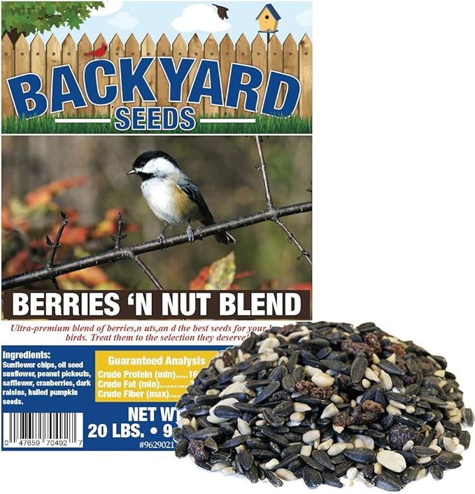 Backyard Seeds Berries 'n Nut Blend Bird Seed Mix 20lbs - Premium Seeds, Nuts & Cranberries, Medium Bag of Wild Bird Food