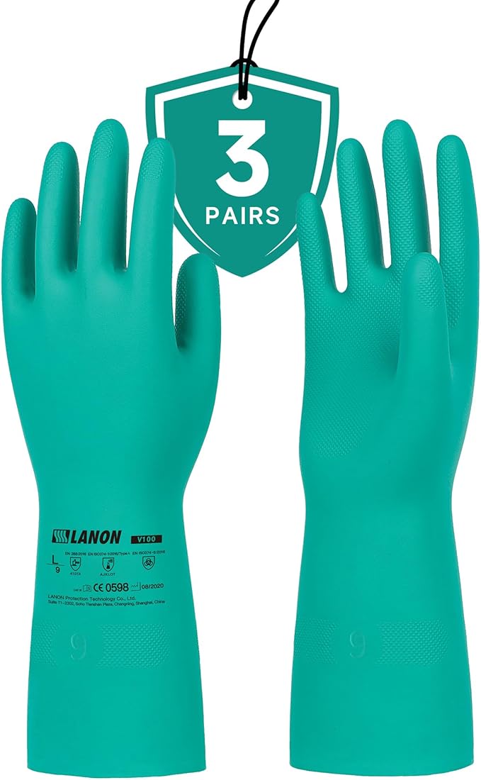 LANON 3 Pairs Nitrile Chemical Resistant Gloves, Reusable Heavy-Duty Rubber Gloves, Acid, Alkali & Oil Protection, Non-Slip, XL