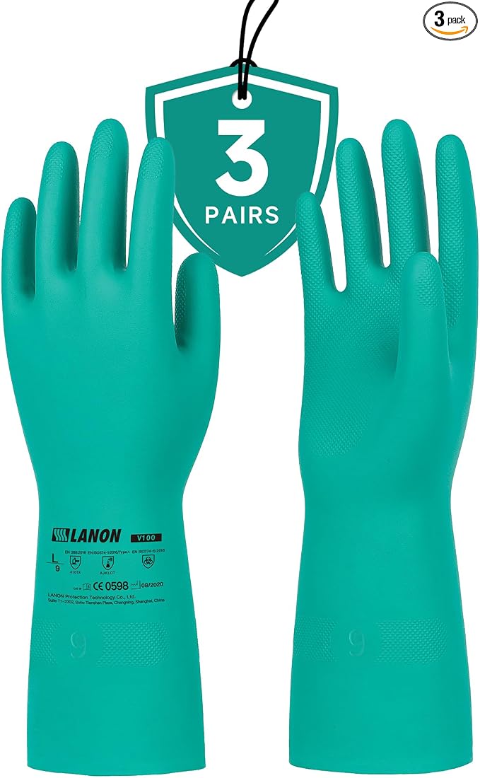 LANON 3 Pairs Nitrile Chemical Resistant Gloves, Reusable Heavy-Duty Rubber Gloves, Acid, Alkali & Oil Protection, Non-Slip, Large