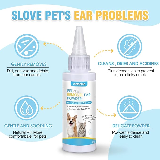 Dog Ear Care Kit - Dog Ear Powder for Hair Removal (42g) with Curved Grooming Tweezers - Effective Solution for Smelly Ears, Wax Buildup