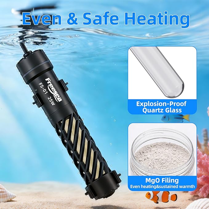 FREESEA Aquarium Heater for Fish Tank: 25W Preset 78°F - 24/7 Stable Temperature Worry-Free Keeping - Auto-Off Out of Water - 1–5 gal Betta Turtle & Saltwater Tank