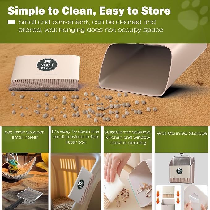 XIAOXINGYUN Litter Scooper with Holder for Sandbath Box,Stainless Steel Litter Scooper Includes Portable Small Broom and Dustpan, Mesh Shovel-Easy to Clean - Suitable for Cat Litter Box