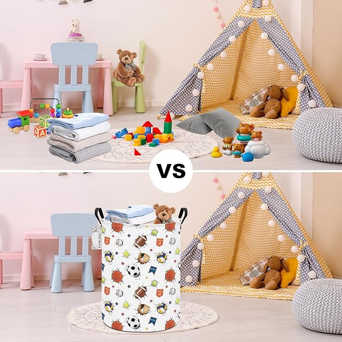Storage Basket, Nursery Hamper Canvas Laundry Basket Foldable with Waterproof PE Coating Large Storage Baskets for Kids Boys and Girls, Office, Bedroom, Clothes,Toys(3D Sports Balls)
