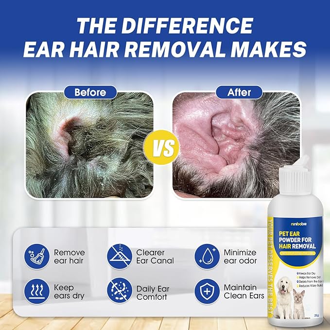 Dog Ear Hair Removal Kit with Powder & 5.5" Curved Locking Forceps - Dog Ear Finger Wipes Gentle Ear Grooming Tool for Dogs - Absorb Moisture, Remove Dirt - Alcohol-Free Pet Ear Care