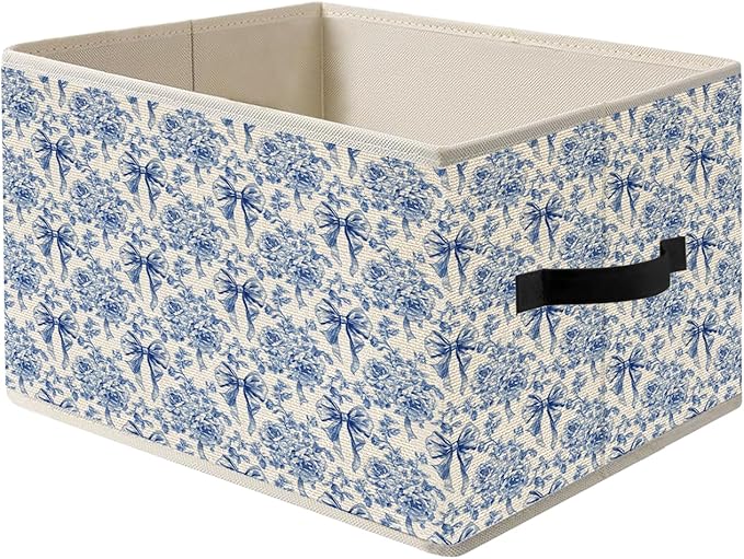 Blue and White Floral Bow Storage Bins, French Country Toile de Jouy Flower Foldable Closet Organizers Storage Basket Toybox for Clothes Bed Sheets Blankets Toys