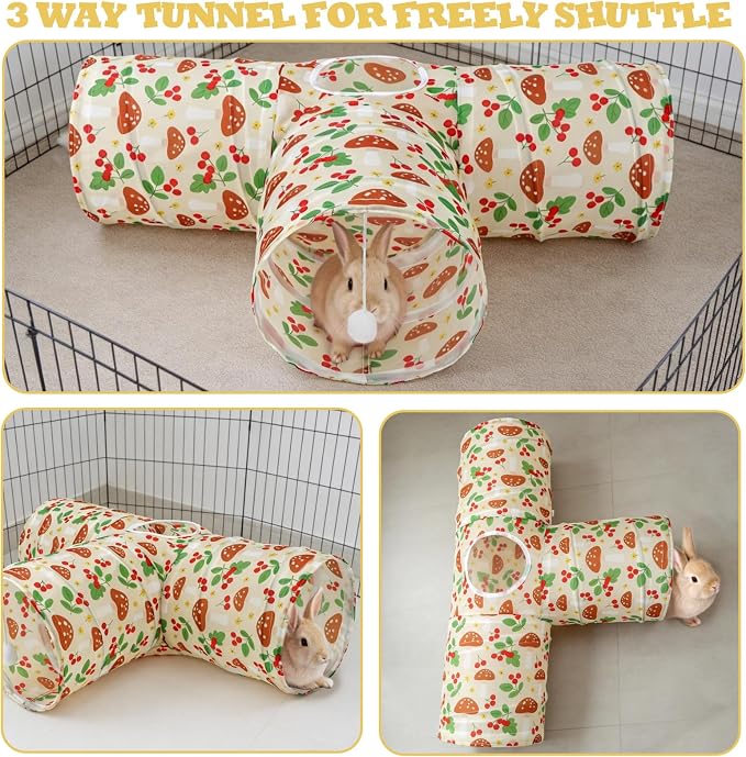 BWOGUE Bunny Tunnels & Tubes Collapsible 3 Way Bunny Hideout Small Animal Activity Tunnel Toys for Dwarf Rabbits Guinea Pigs Kitty